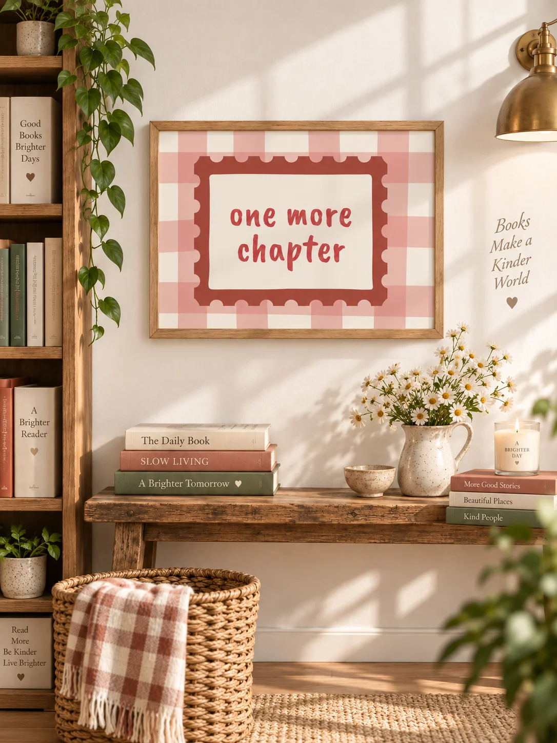 One More Chapter Print | Book Lover Decor | Pink Gingham Reading Nook | Literary Quote Poster | Cozy Library Digital Download product image (8)