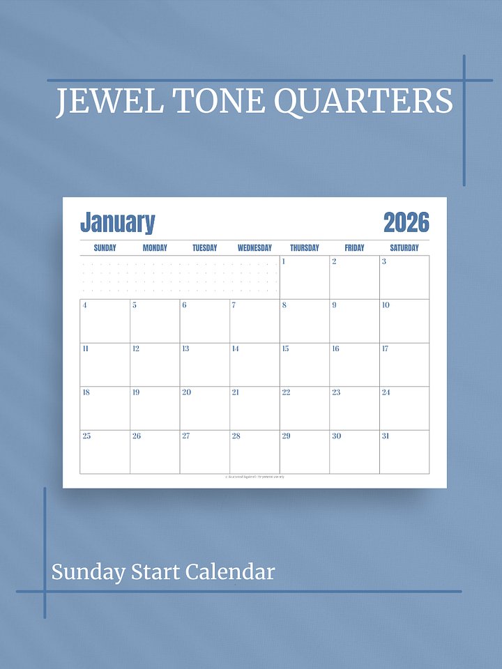 Jewel Tone Quarters 2026 Calendar - Single Page per Month, Sunday Start, Letter Size product image (1)