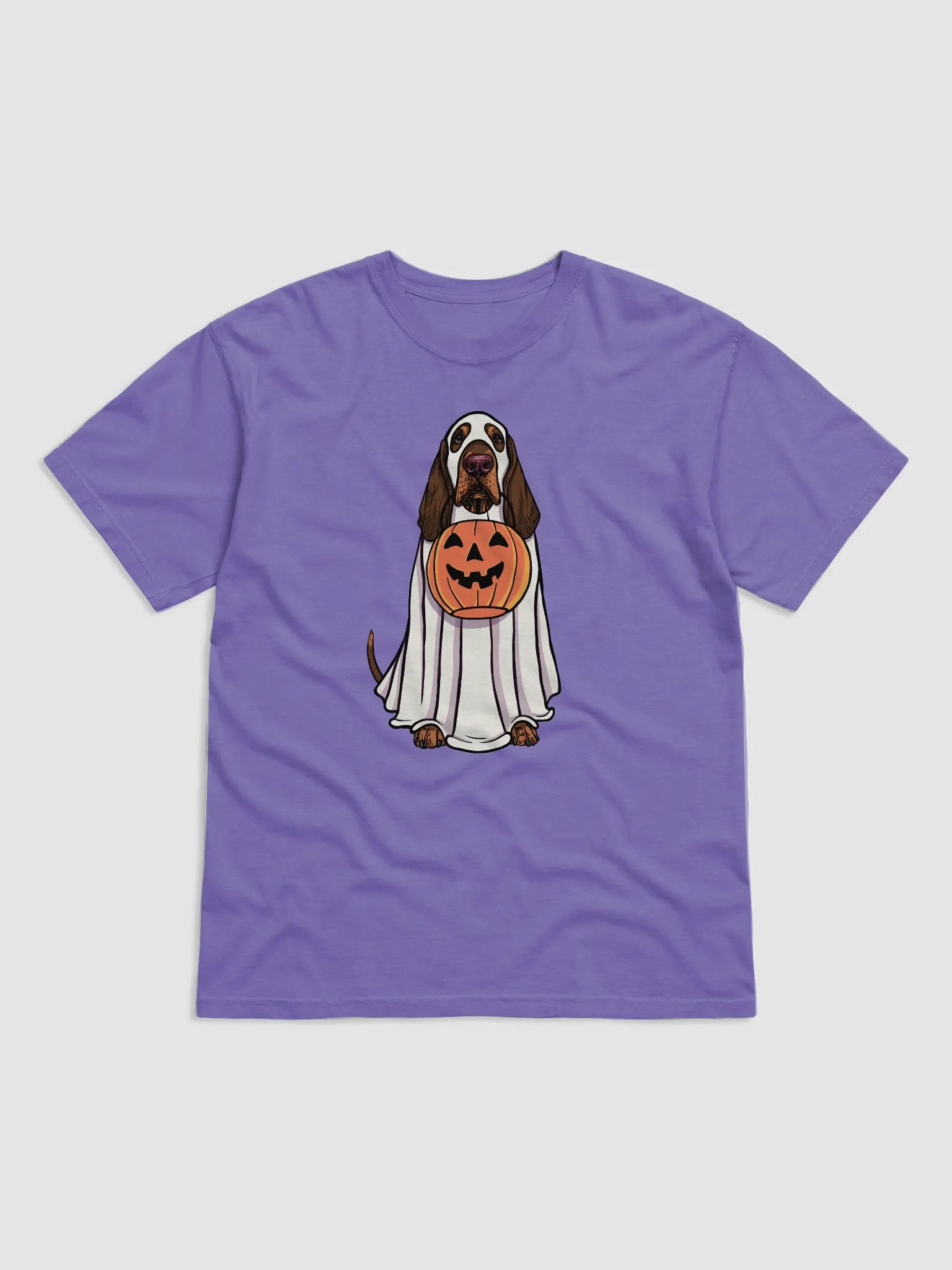 Funny Halloween Bloodhound(Red & Tan) T-Shirt | Funny Bloodhound Wearing a Ghost Costume and Holding a Pumpkin Basket product image (1)