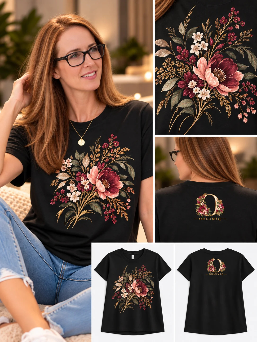 ORLUMIQ Midnight Bloom Floral T-Shirt | Women's Relaxed-Fit Botanical Graphic Tee product image (1)