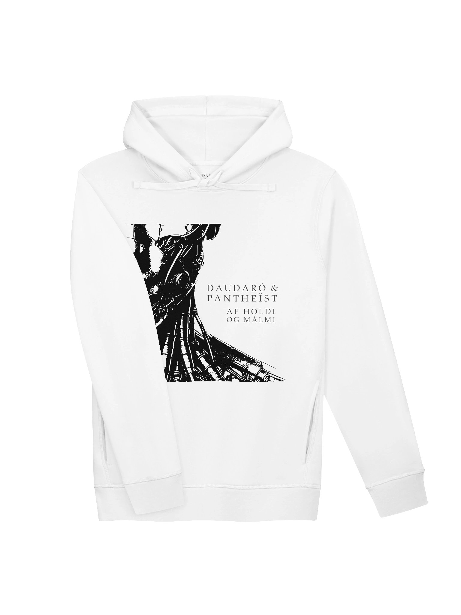 Dauðaró & Pantheïst — Af holdi og málmi Limited Edition Unisex Pocket Hoodie (White) product image (3)
