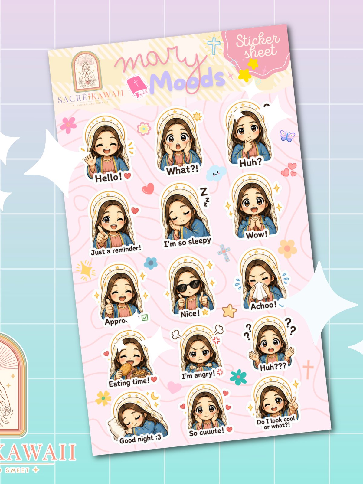 Chibi Mary Moods Sticker Sheet | Matte Vinyl Journal Stickers (15 Mini Expressions) product image (2)