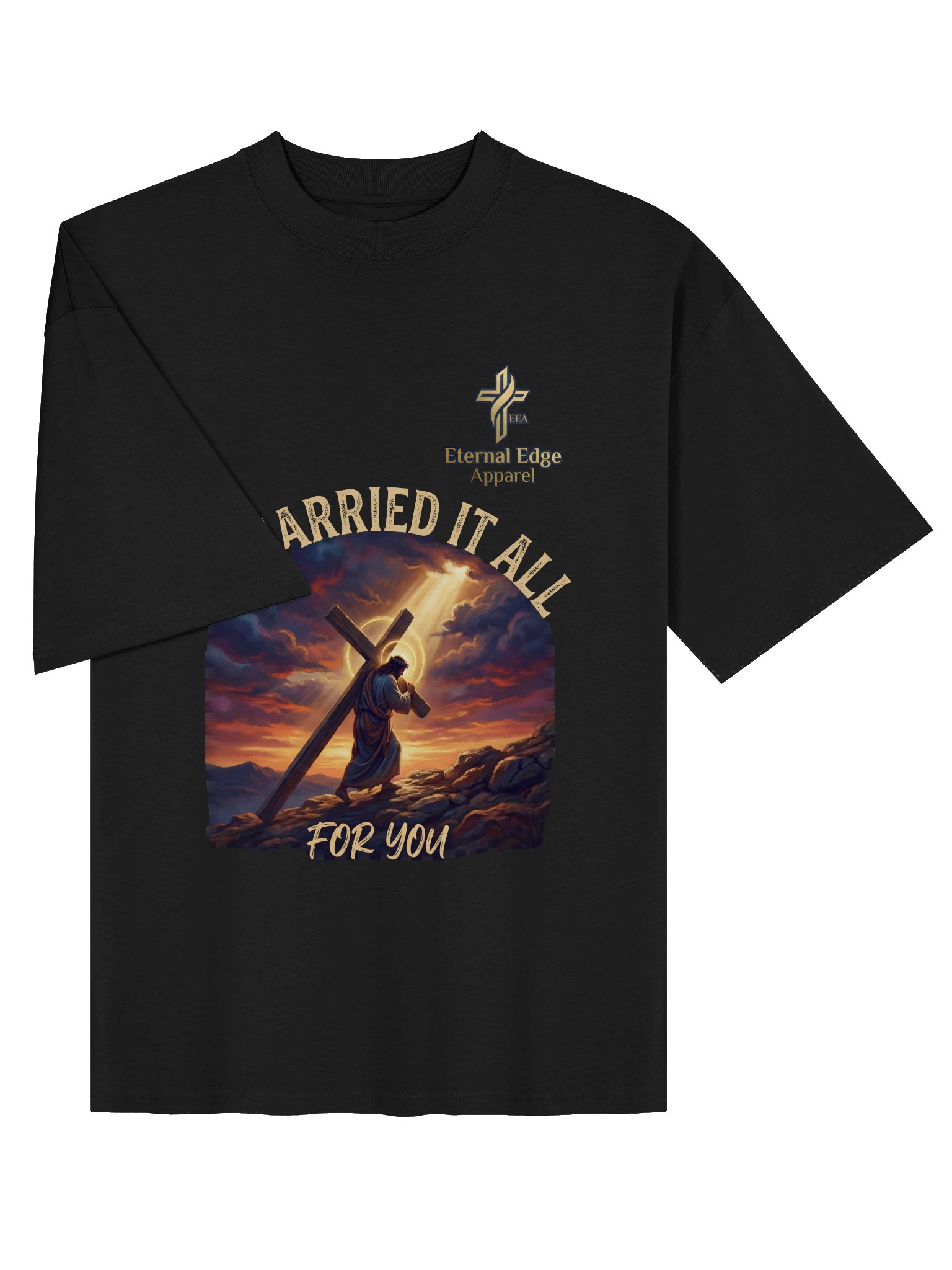 Honor the cross He carried with the He Carried It All Christian t-shirt — organic heavyweight cotton, oversized fit. Shop Eternal Edge Apparel. product image (13)