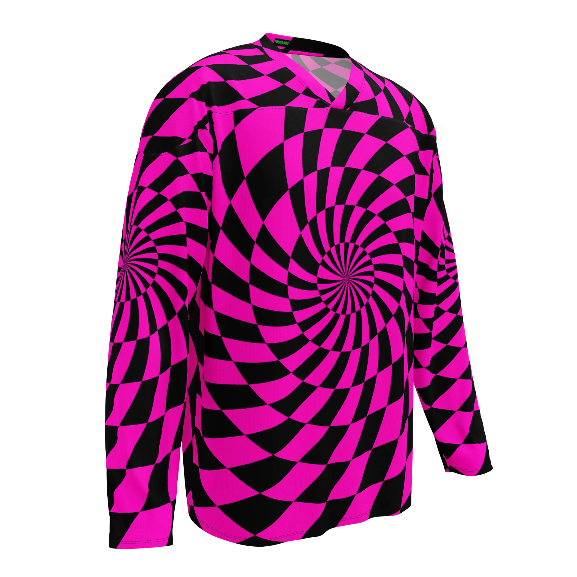 Psychedelic Rave EDM Hockey Jersey, Hot Pink Black Checkers Swirl Shirt, Trippy Techno Top Festival Fashion, Comfy Dance Party Clothing product image (4)