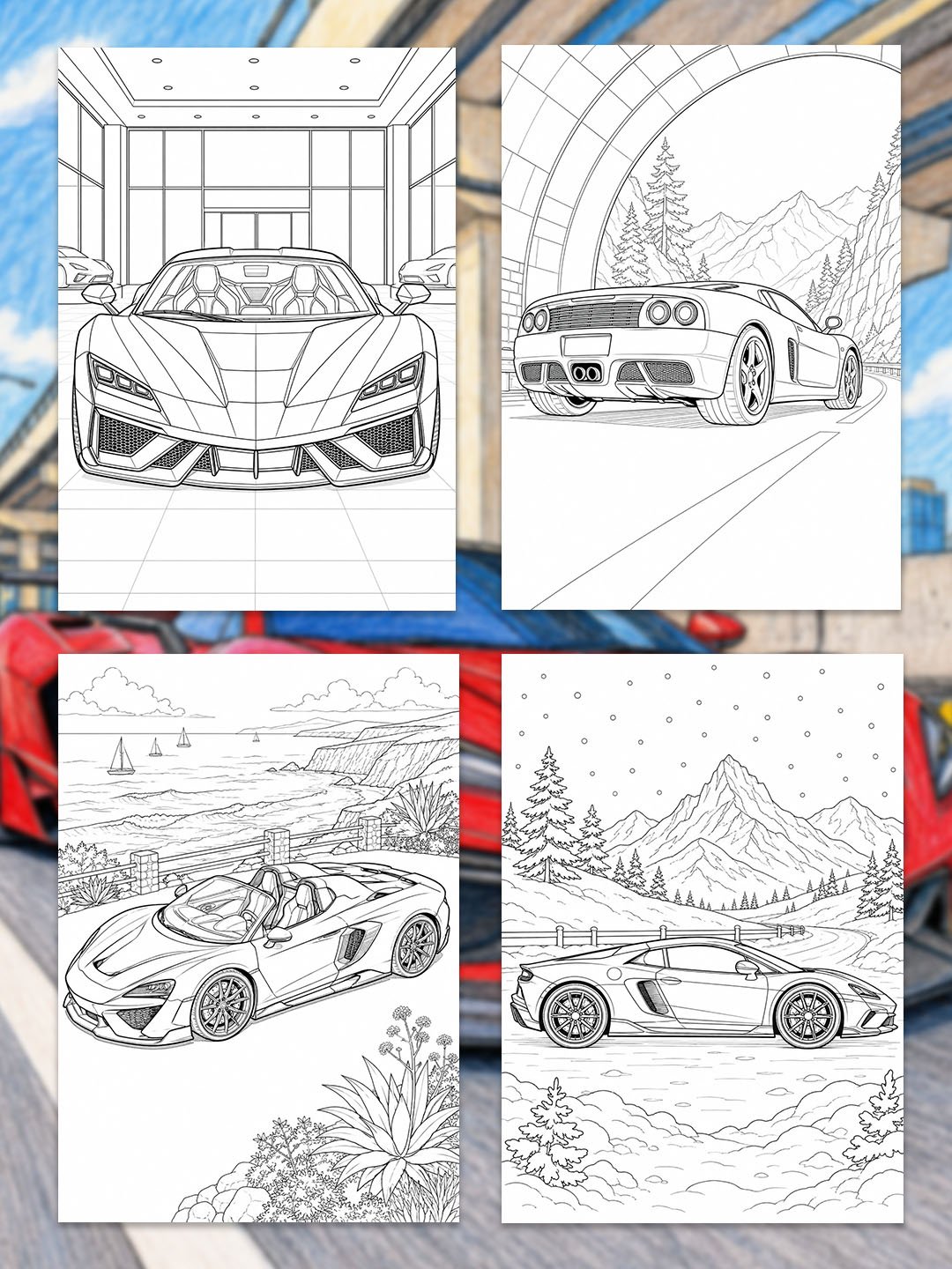 Supercar Coloring Pages Printable | 20 Exotic Sports Car Designs | A3 Automotive Coloring Book PDF for Adults product image (4)