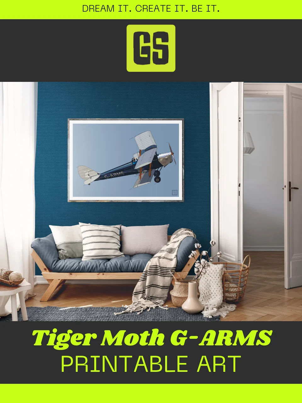 Tiger Moth G-ARMS Printable Aviation Wall Art with Blue & White Border Background product image (1)