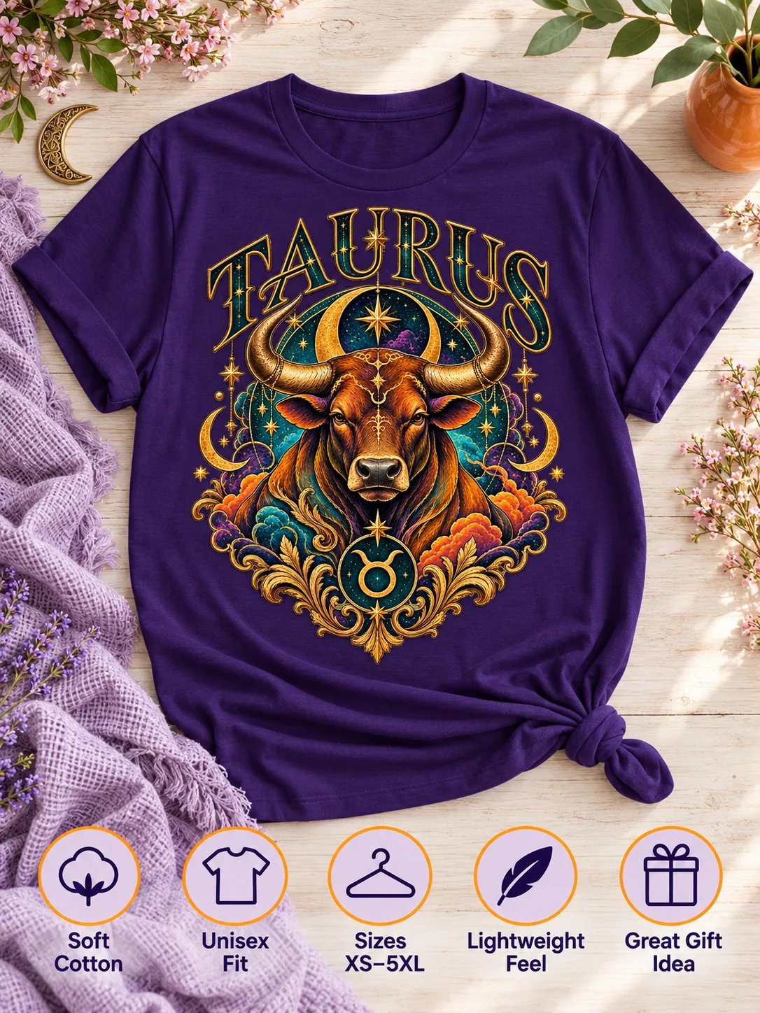 Taurus Zodiac T-Shirt With Ornate Celestial Bull Art product image (3)