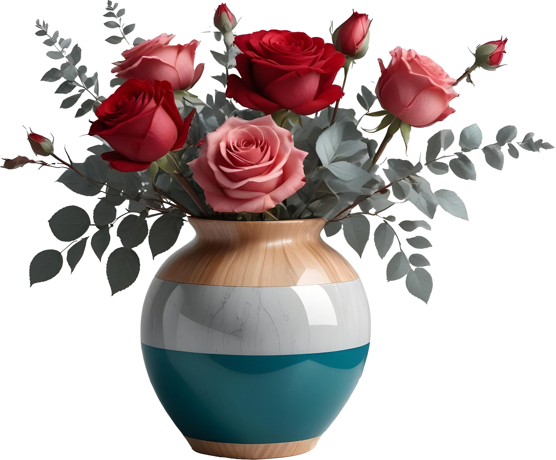 Modern Blue Striped Vase with Red and Pink Roses PNG product image (1)