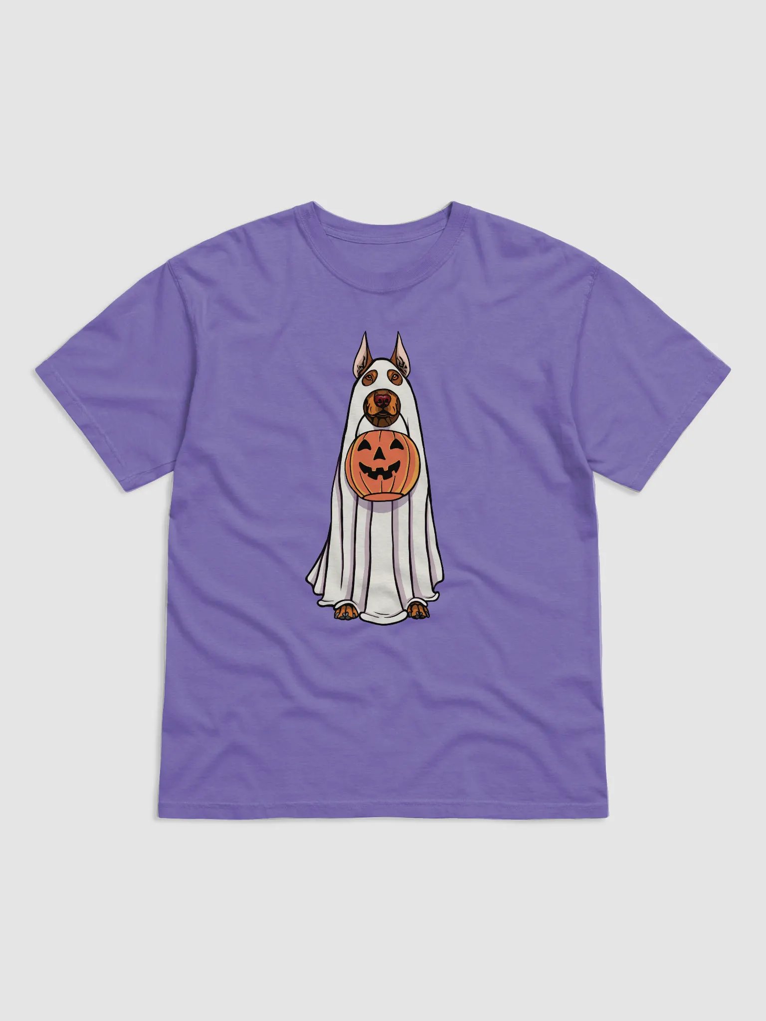 Funny Halloween Doberman(Red) T-Shirt | Funny Doberman Wearing a Ghost Costume and Holding a Pumpkin Basket product image (1)