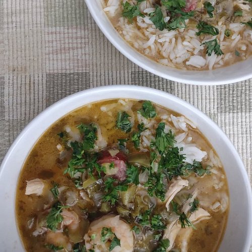 Mena and I had a day to cook together this week. 
It was our third time making gumbo 😊 🍲 
Had it over rice and with cornbread...