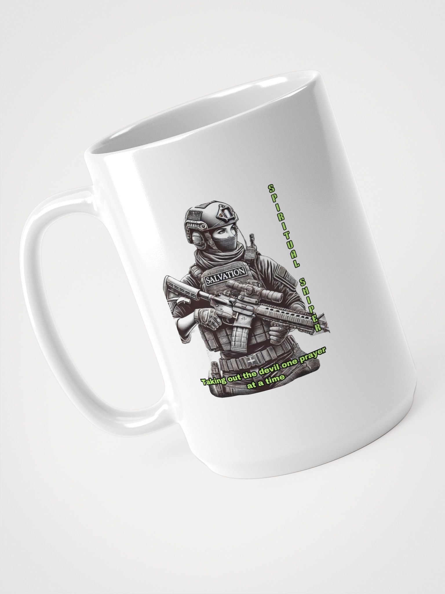 Spiritual Sniper Christian 15 oz White Coffee Mug Taking Out the Devil One Prayer at a Time Faith Based Drinkware product image (4)