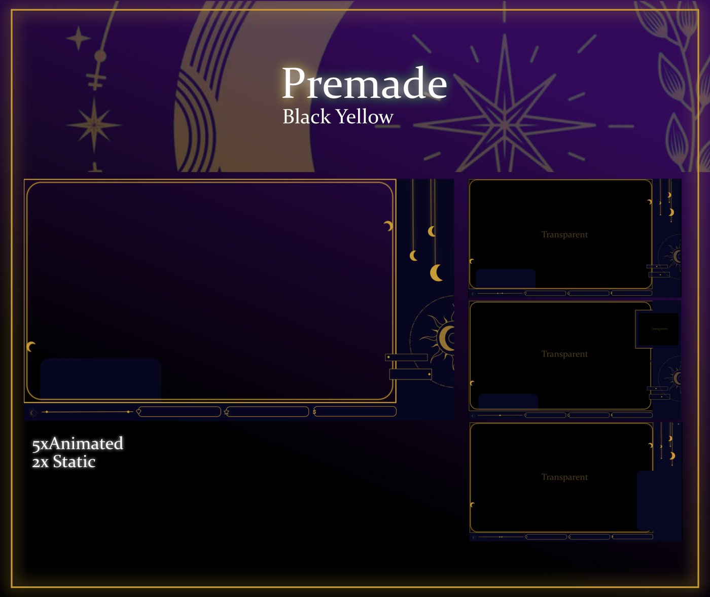 SIMPLE Dark STREAM OVERLAY Celestial, Dark overlay pack, Celestial Animated Overlay, Stream overlay pack, Black and gold Overlay product image (3)