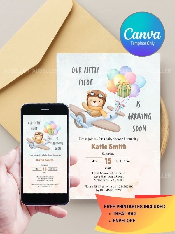 Pilot Teddy Bear Baby Shower Invitation and Printable Treat Bag and Envelope product image (1)