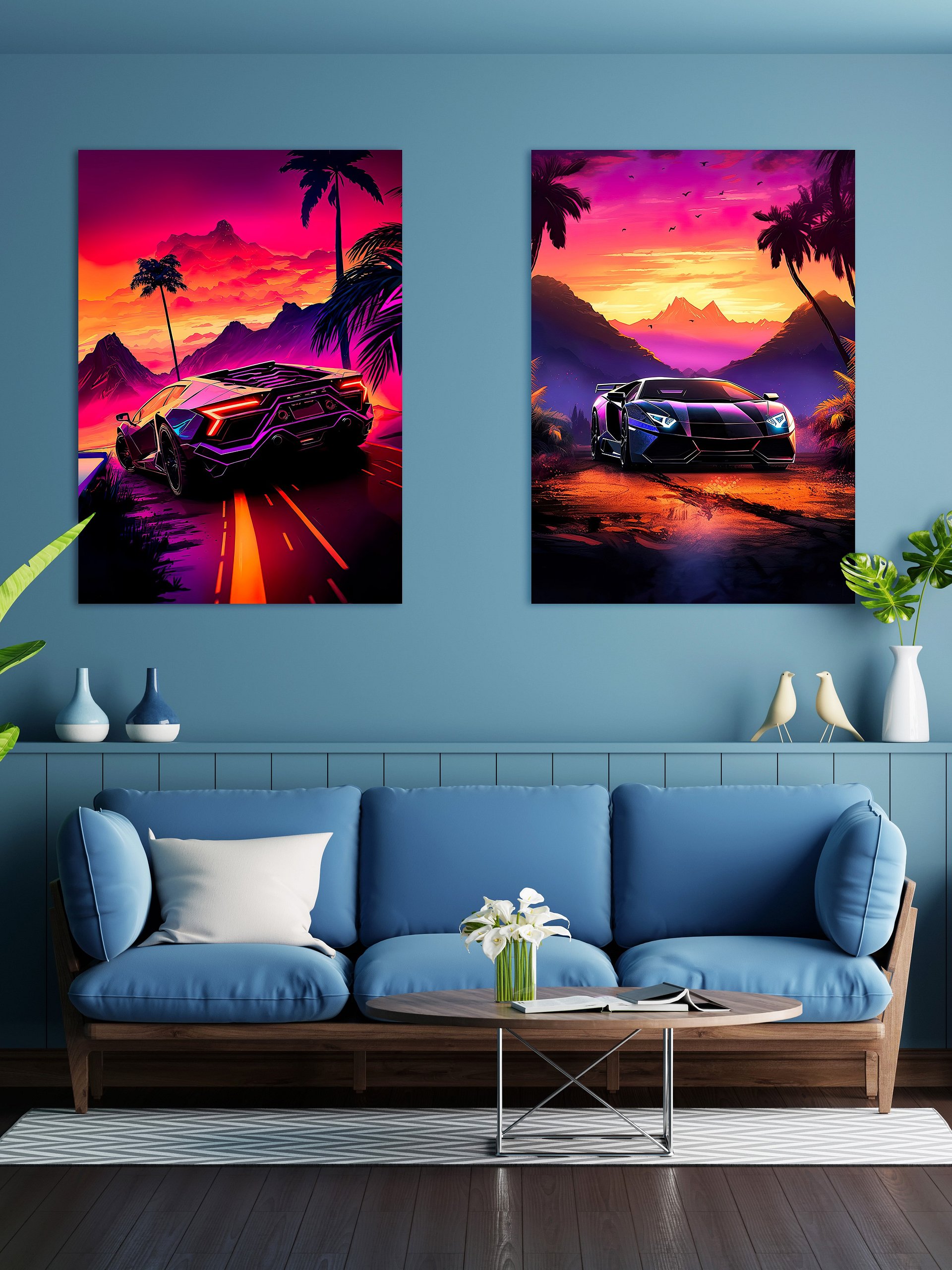 Synthwave aesthetic sport car Lamborghini with palms [synthwave/vaporwave/cyberpunk] — aesthetic art print product image (2)