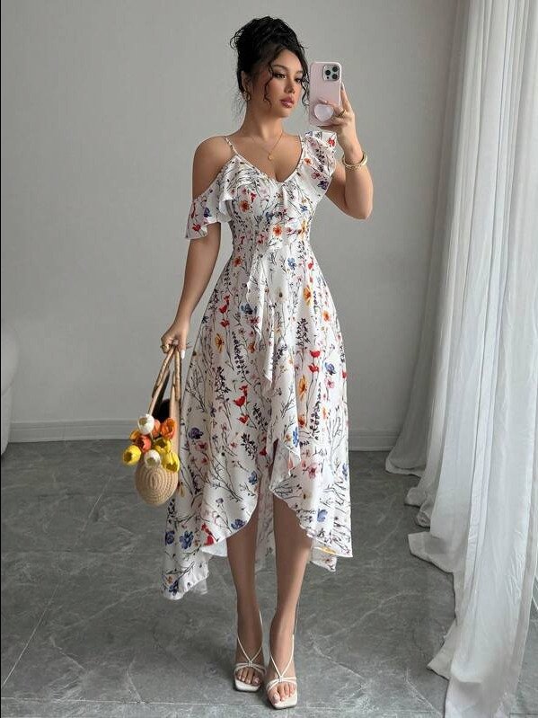 ADLEST Women's Asymmetric Ruffle Hem Floral Print Elegant Vacation Dress product image (1)