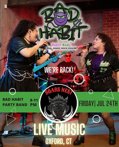 Spend your Friday night on the patio with Bad Habit Party Band at The Boar's Nest in Oxford! 7.24 From 8:00 PM to 11:00 PM, e...