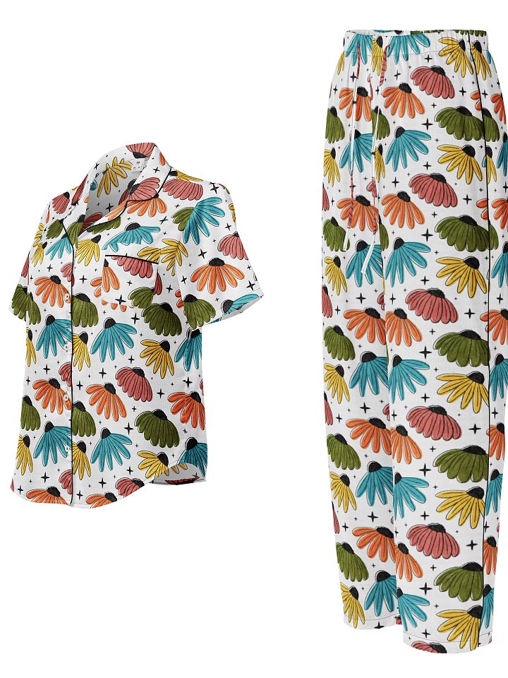 Retro Halftone Coneflowers Ladies Short Sleeve Pajama Set product image (1)