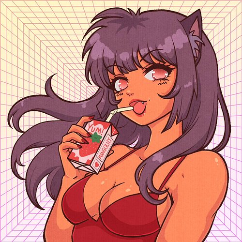 Retro vibes for summer time featuring a new cat girl OC, Juno! 🧃🍓💜 I plan to draw her exclusively in a 80's/90's inspired ret...