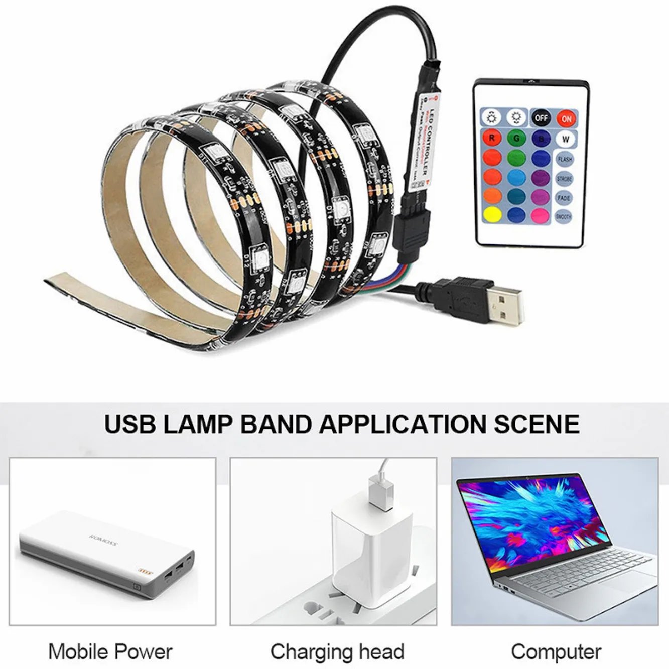 RGB & USB شريط إضاءة ليد ديكوري بطول 3 متر مع منفذ وريموت كنترول product image (4)