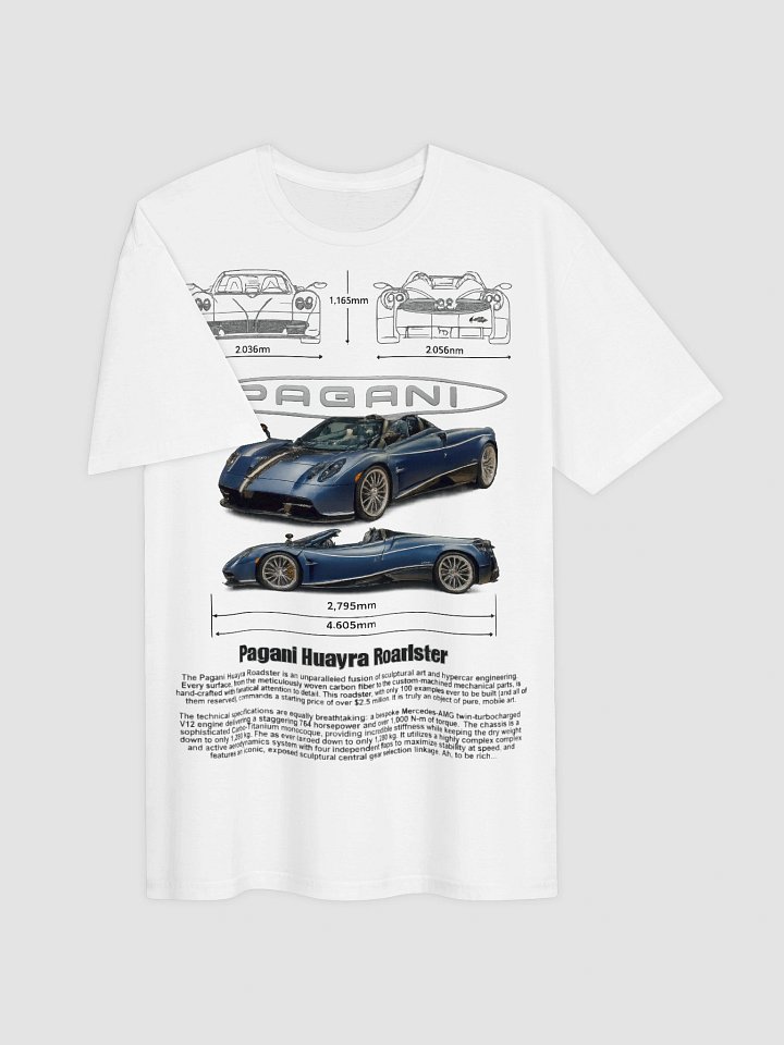 Pagani Huayra Roadster T-Shirt | 764 HP Open-Top Hypercar Blueprint | Italian Exotic Apparel | Collector Tee product image (2)