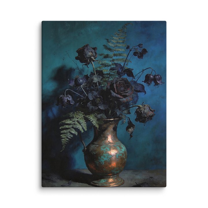 Dark Roses in Copper Vase | Dutch Master Still Life Canvas Print | Moody Botanical Wall Art | Dark Academia Floral Decor | Teal and Copper Art Print product image (1)