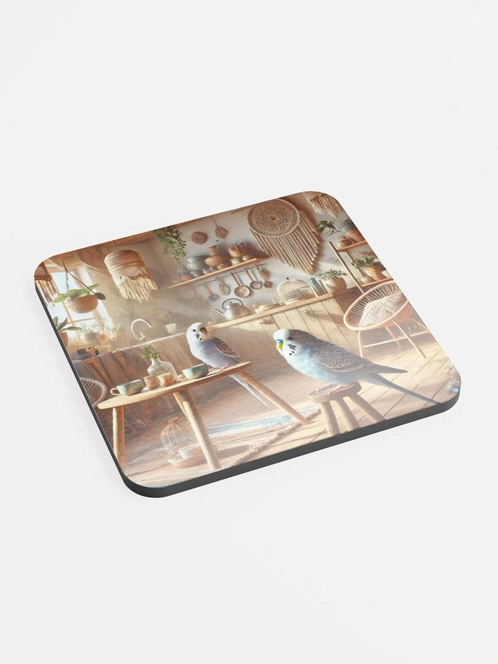 Perch & Sip – Glossed Cork Coaster with Parakeet Art 3 product image (2)