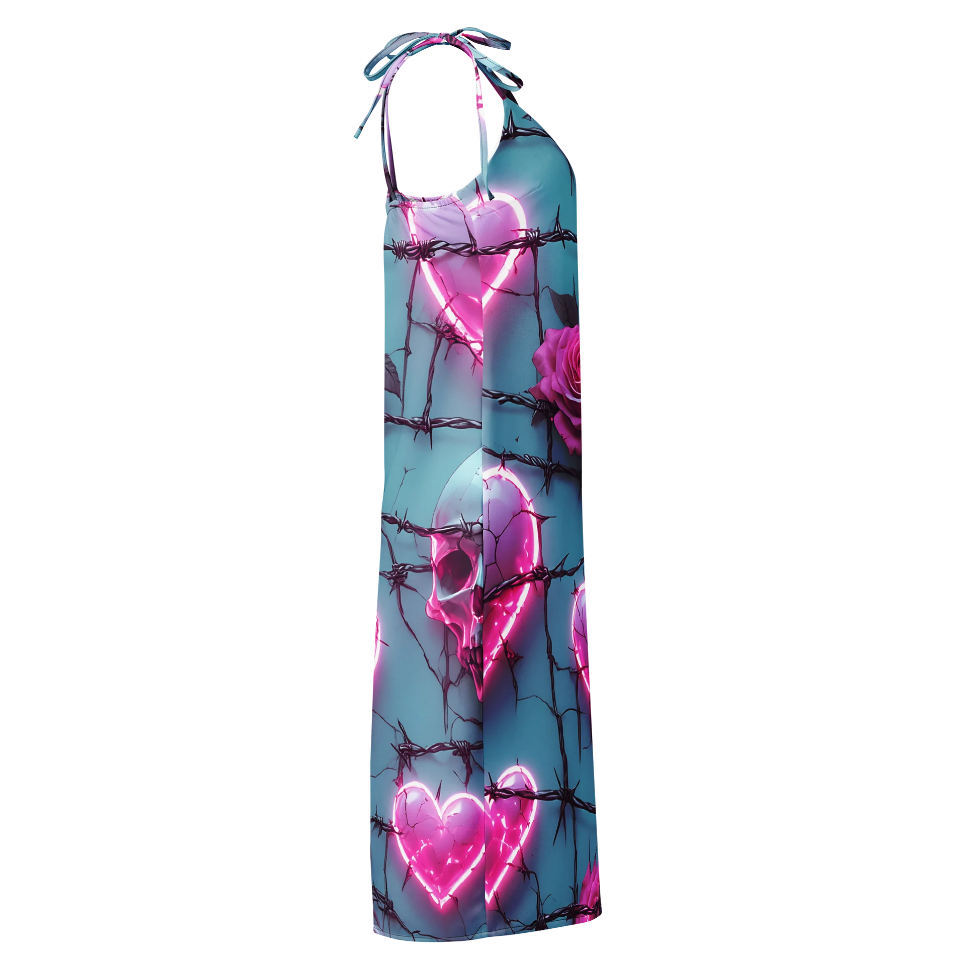 Neon Barbed Rose Heart Midi Slip Dress - Glow Pink Shattered Hearts & Roses Chiffon Halter Dress with Slit product image (4)