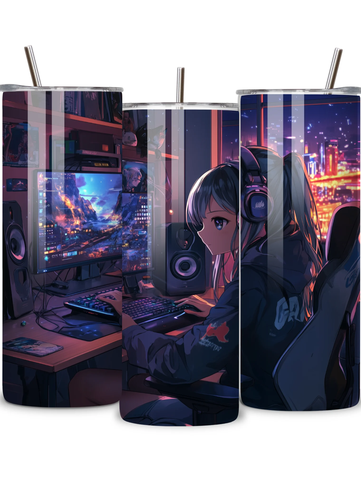 Anime Gamer Girl 20oz Skinny Tumbler with Metal Straw – Vibrant Gaming Setup Design – Double-Walled Insulated Stainless Steel Tumbler Gift for Anime and Gaming Fans (Anime Girl 3) product image (1)