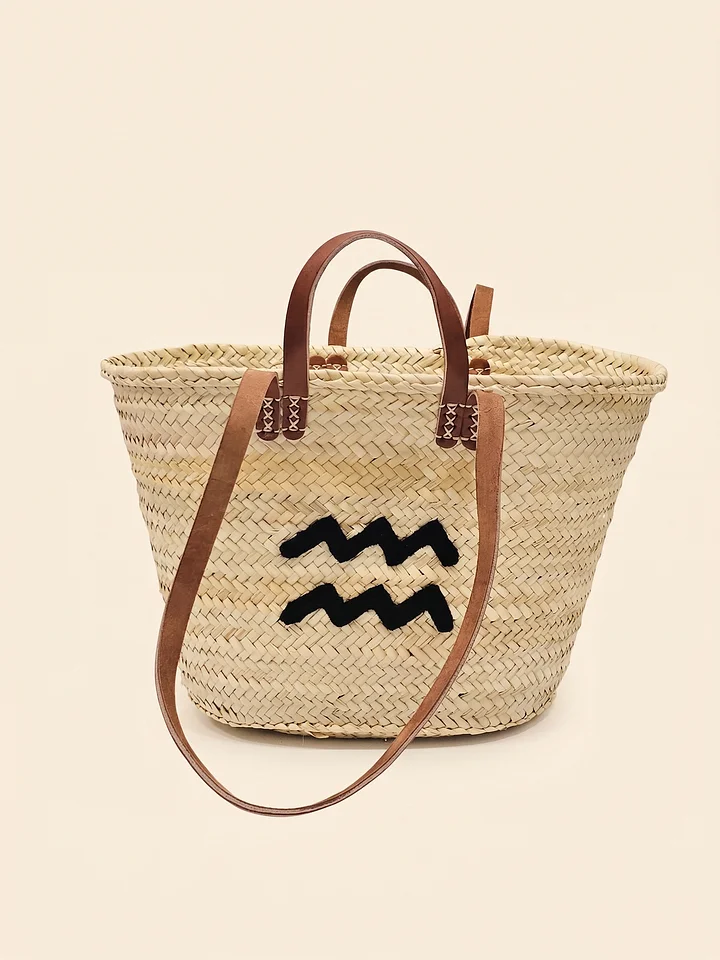 Handmade Straw Tote Bag – Aquarius Zodiac Monogram Market Basket product image (2)