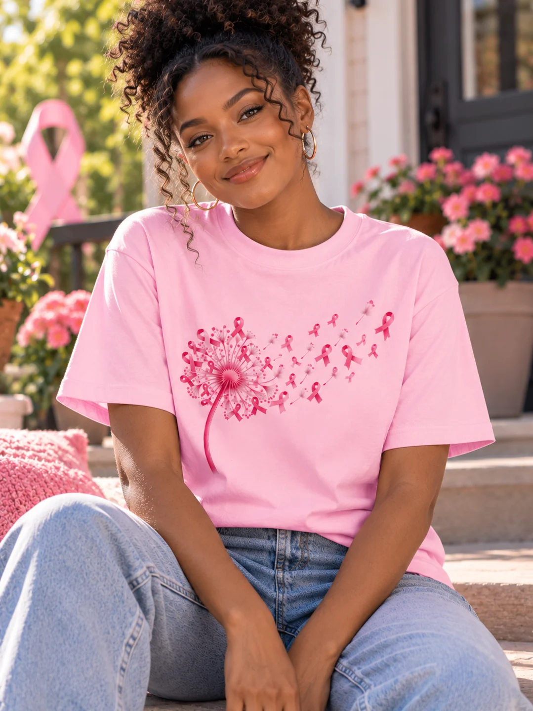 Dandelion Ribbon Breast Cancer Awareness T-Shirt product image (1)