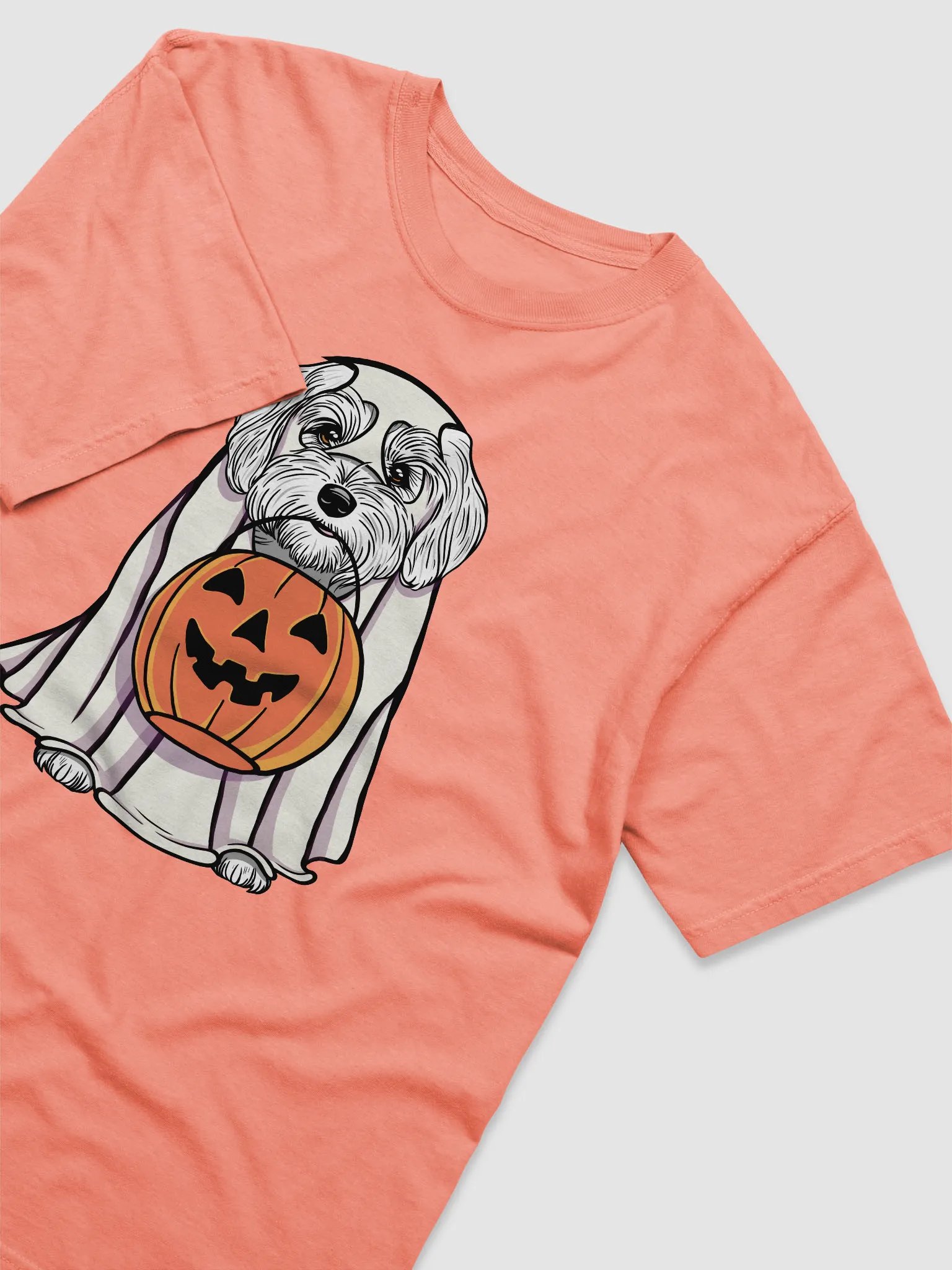Funny Halloween Havanese(White) T-Shirt | Funny Havanese Wearing a Ghost Costume and Holding a Pumpkin Basket product image (6)
