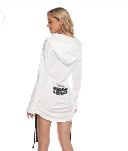 NEW polar white off-one-shoulder hoodie dress at Dontfeel50.com