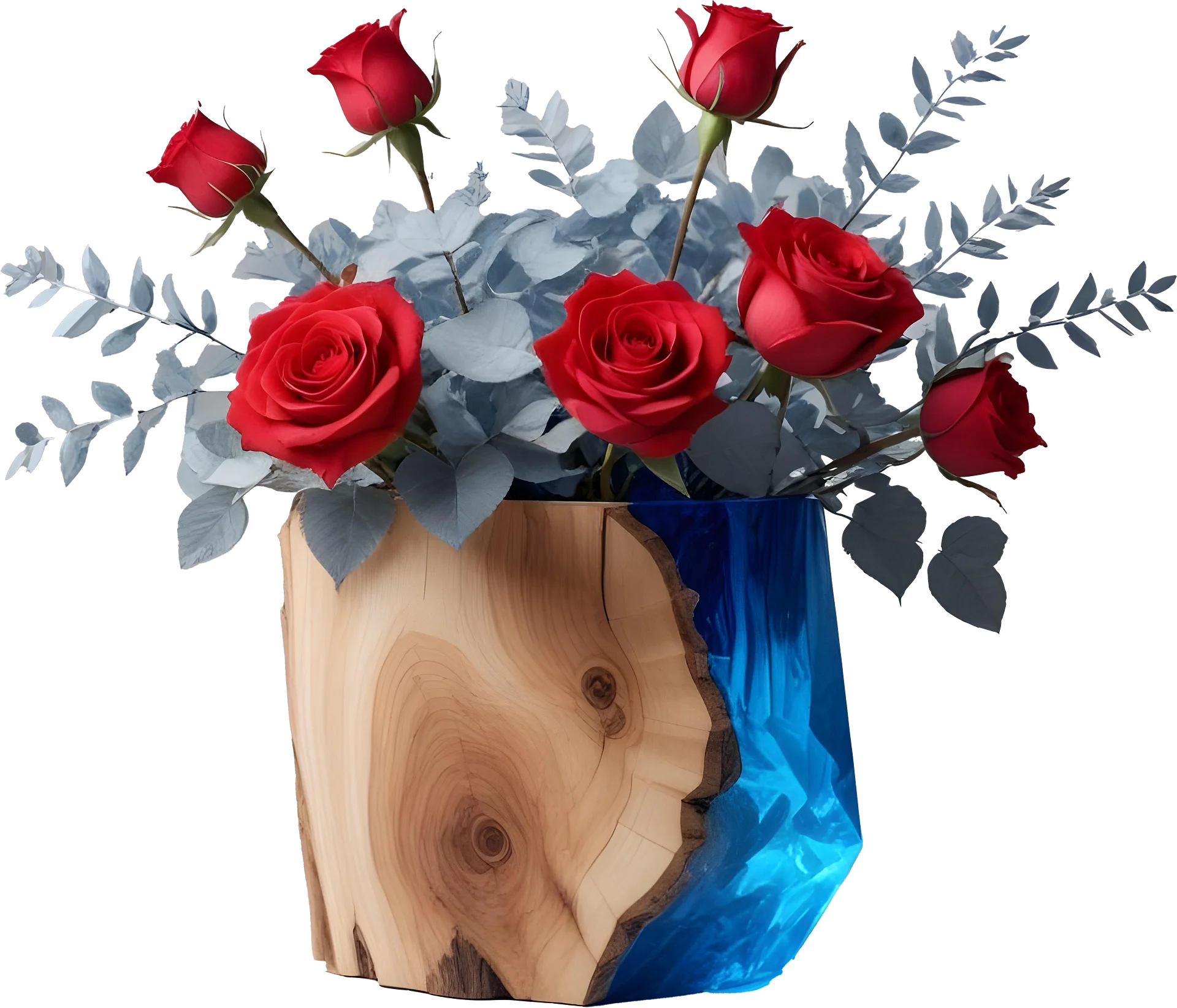 Blue Radiance – Wood and Resin Rose Vase PNG product image (1)