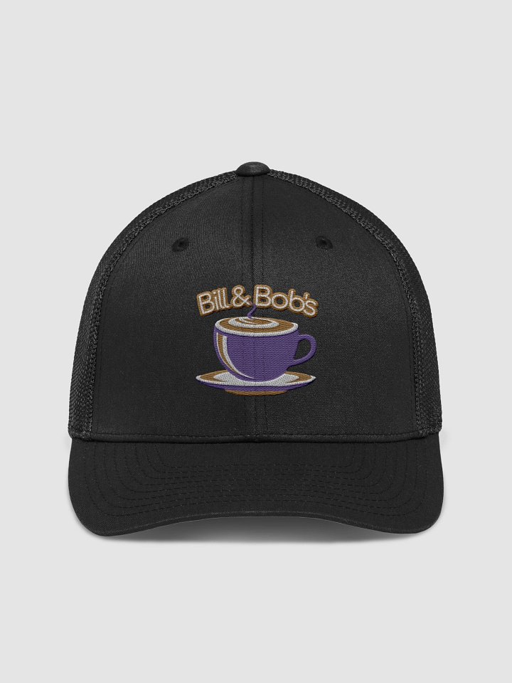 Bill & Bob's Coffee Shop Open 24/7 Trucker Hat, Purple Color Accent product image (1)