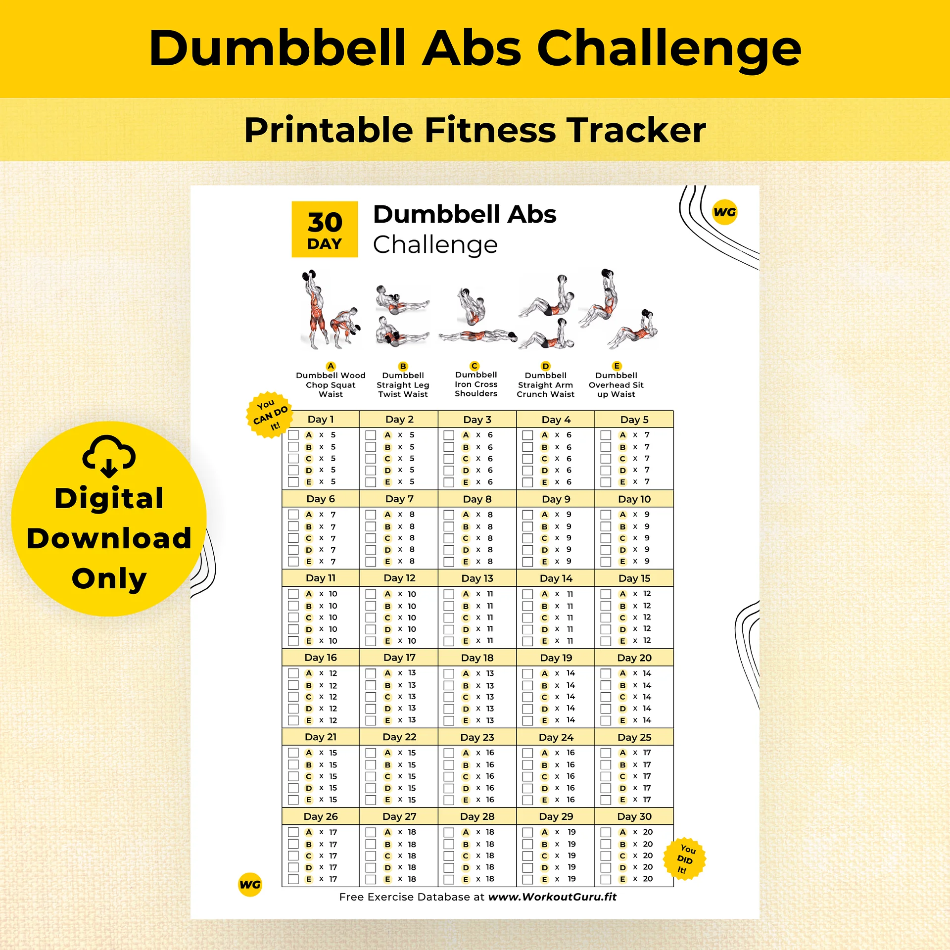30 Day Dumbbell Abs Challenge - Printable Workout Tracker product image (1)