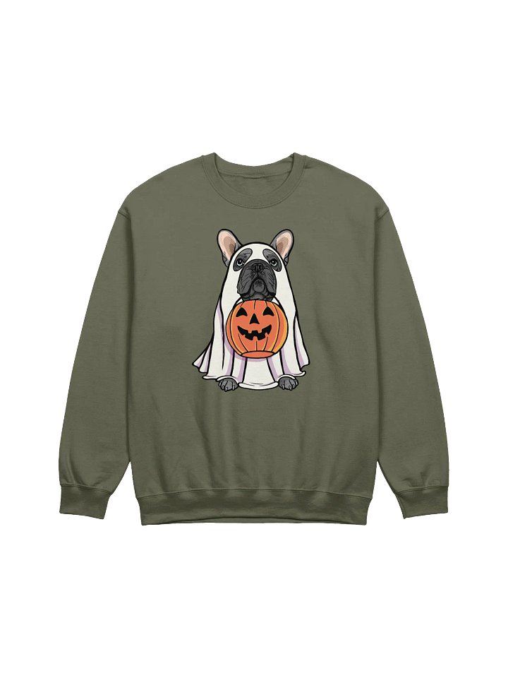Funny Halloween French Bulldog(Blue) Sweatshirt | Funny Frenchie Wearing a Ghost Costume and Holding a Pumpkin Basket product image (1)