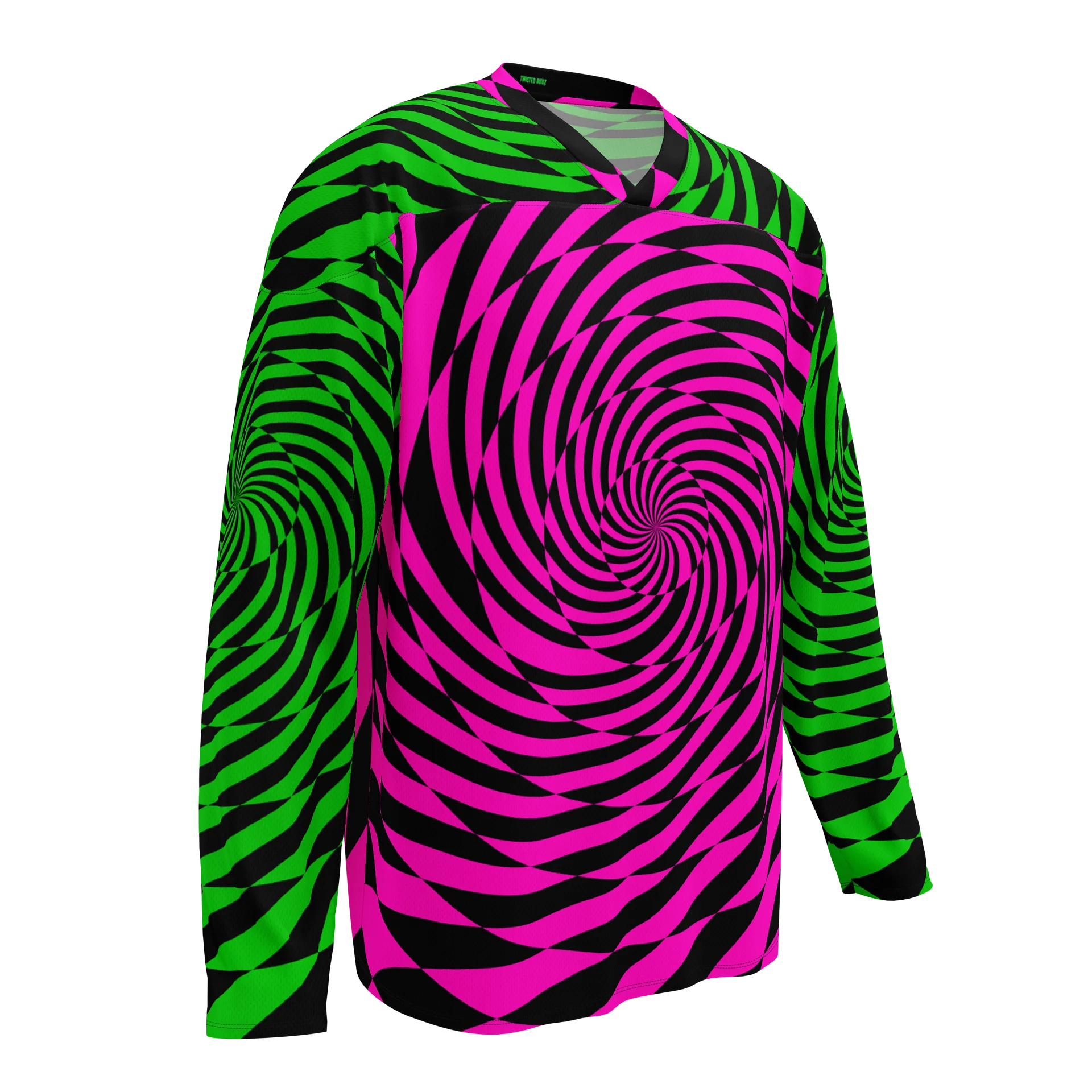 Trippy Rave Hockey Jersey, Psychedelic Spirals EDM Shirt, Fun Swirl Festival Wear, Retro Raver Fashion, Neon Pink Green Checkers Clothes product image (1)