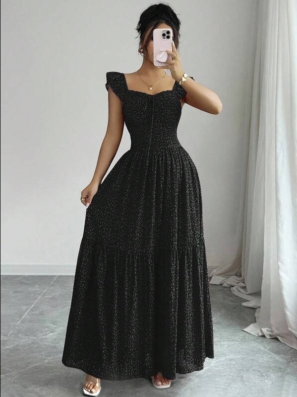ADLEST French Elegant Casual Vacation Square Neck Lotus Leaf Flying Sleeves Polka Dot Print Texture Plaid Woven Chiffon Material Back Tie Pleated Large Skirt Spring And Summer Red Women Dress Summer product image (6)