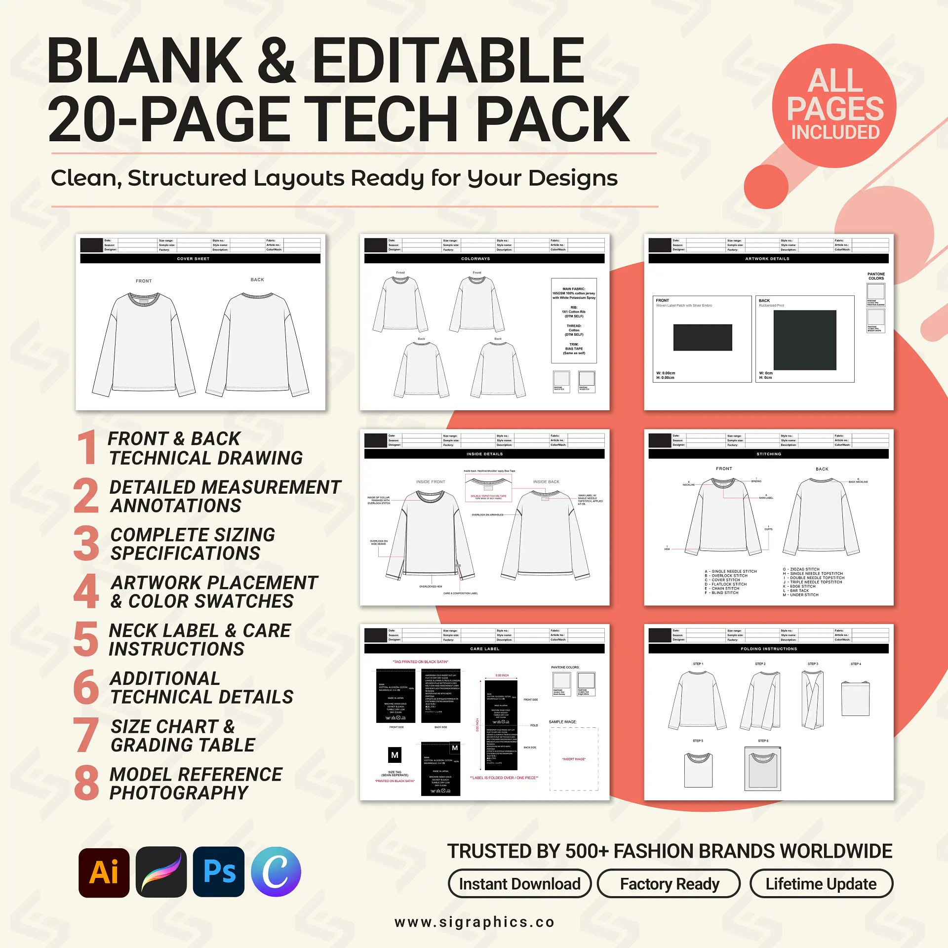 Long Sleeve T-Shirt Tech Pack Template product image (4)