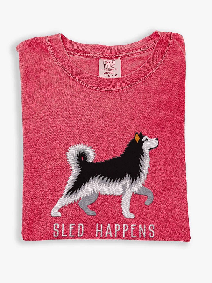 Sled Happens T-Shirt(Embroidered) of an Alaskan Malamute(Black & White) product image (1)