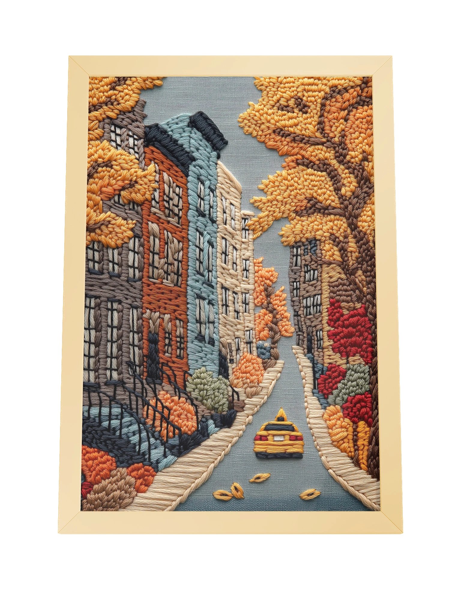 A Yellow Cab Through Autumn | Embroidery-Style Wall Art — Framed Print product image (8)