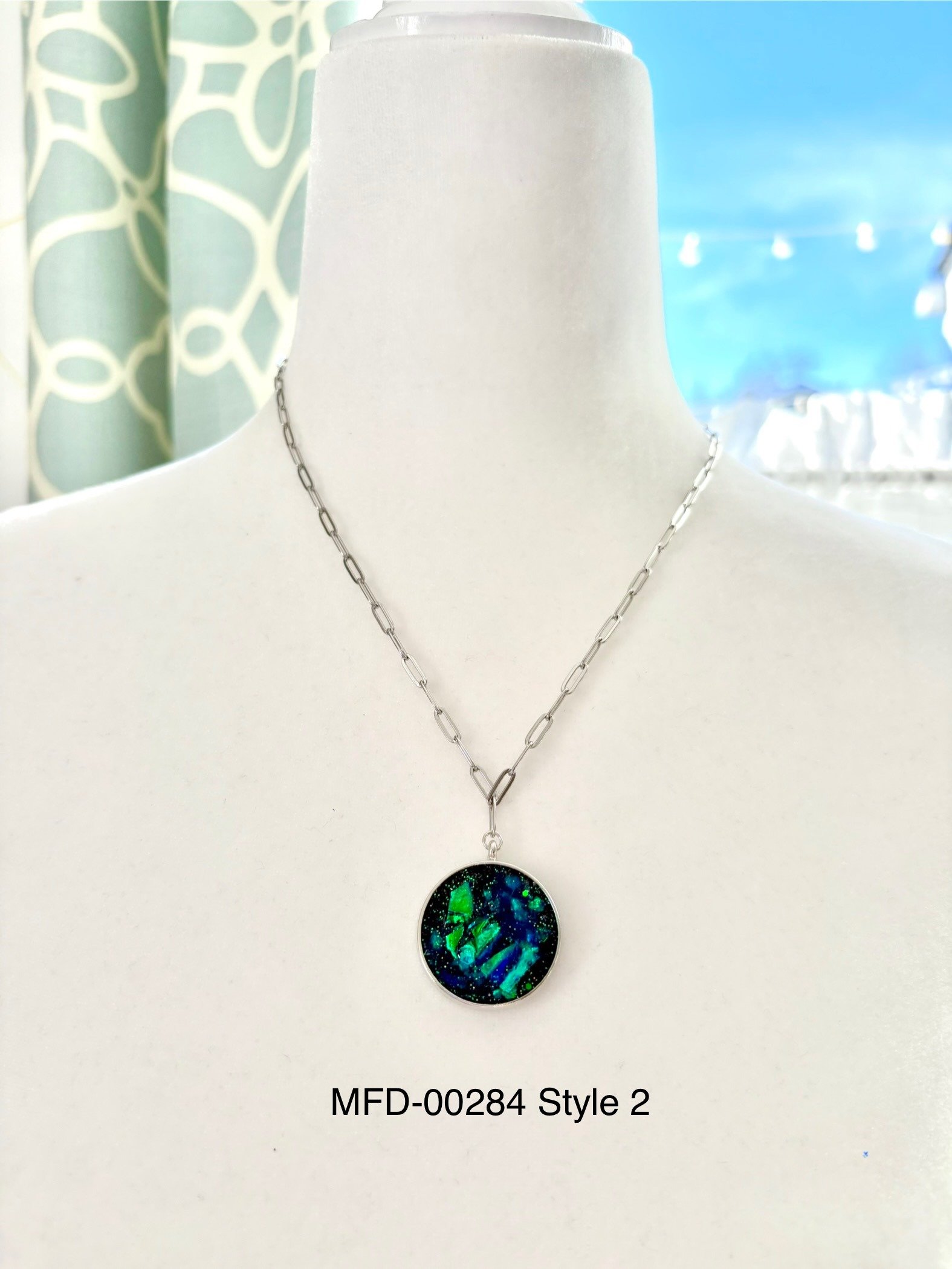 MFD-00284 | Peacock Splash Pendant Necklace with Stainless Steel Cable Chain and Paperclip Chain | Handmade Jewelry by Monique Faella Designs™ product image (3)