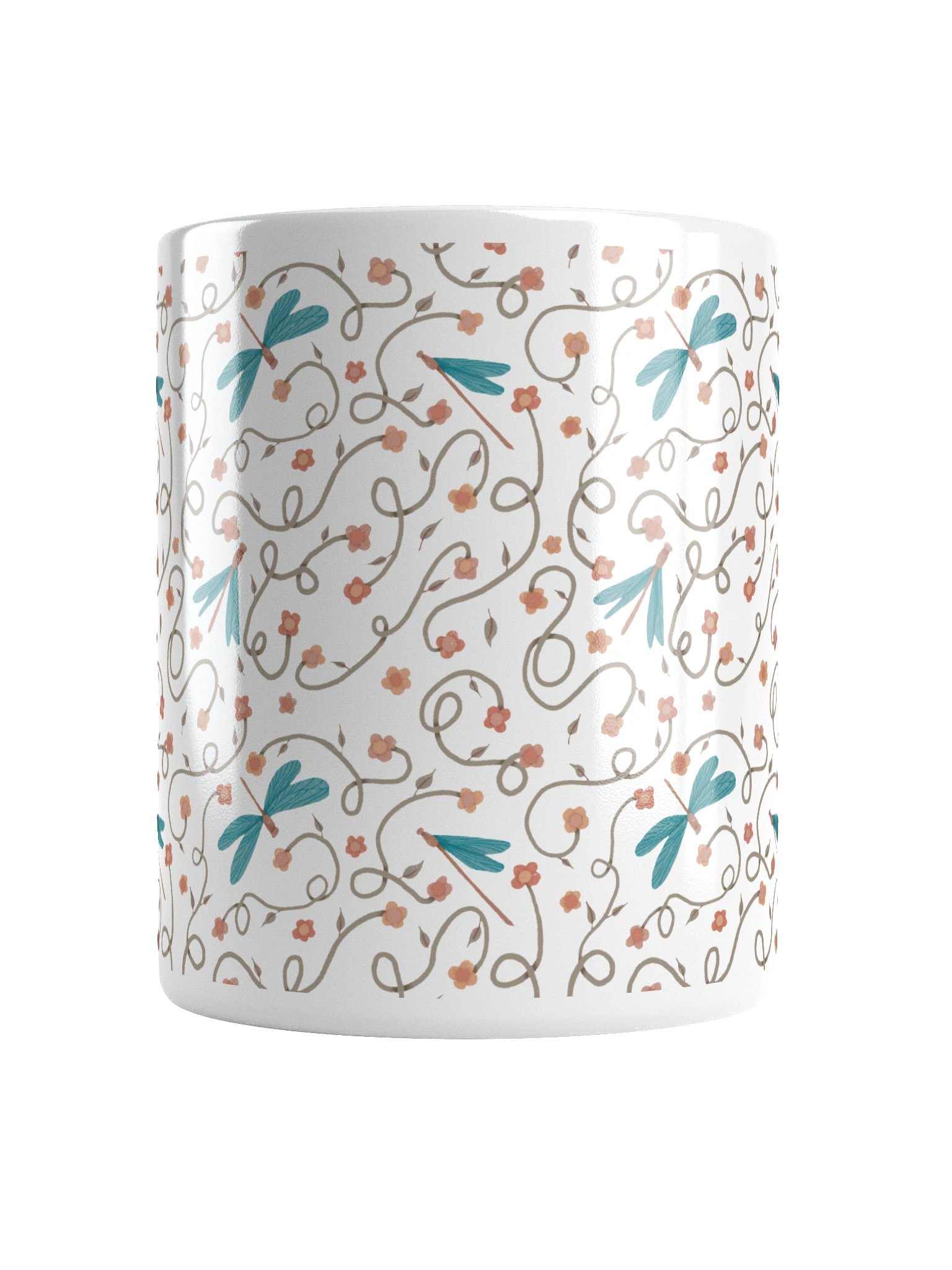 White glossy mug with dragonfly and floral pattern. Artistic nature inspired design product image (6)