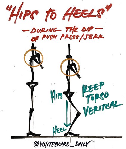 | COACHING CUE |

“Hips to heels” - Page 251 of Book 2

When?
During the dip of the push press or jerk

What does this mean?
...
