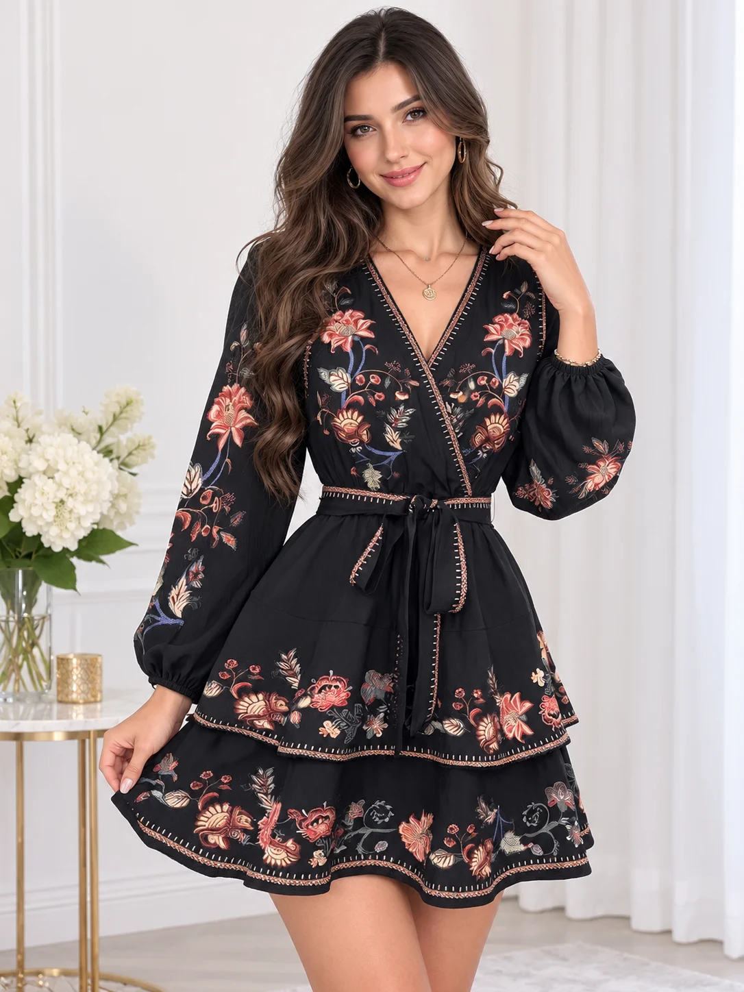 KARISMINA Women's Black Floral Mini Dress V-Neck Puff Sleeve Printed Cinched Waist Ruffle Hem A-Line Autumn Vacation Beach Party Dinner Date Resort Elegant product image (5)