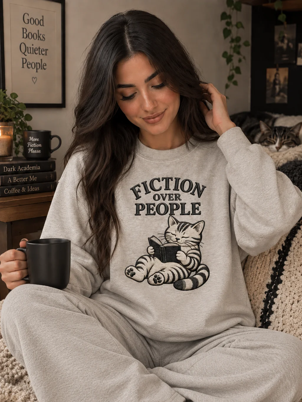 Fiction Over People Book Lover Cat Sweatshirt | Cotton Heritage Premium Sweatshirt product image (54)