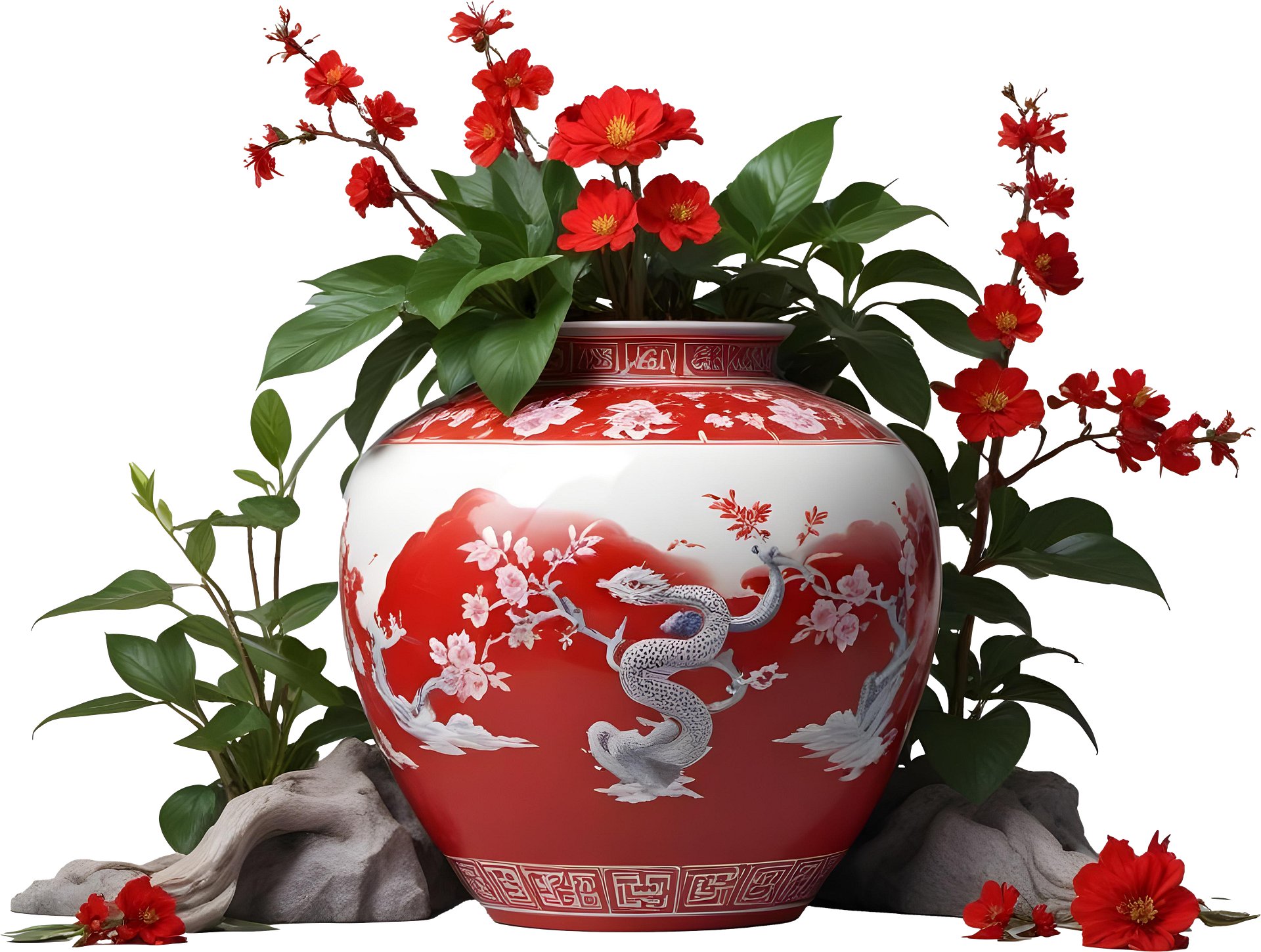 Chinese Red Porcelain Vase and wood – Year of the Serpent Design PNG product image (1)