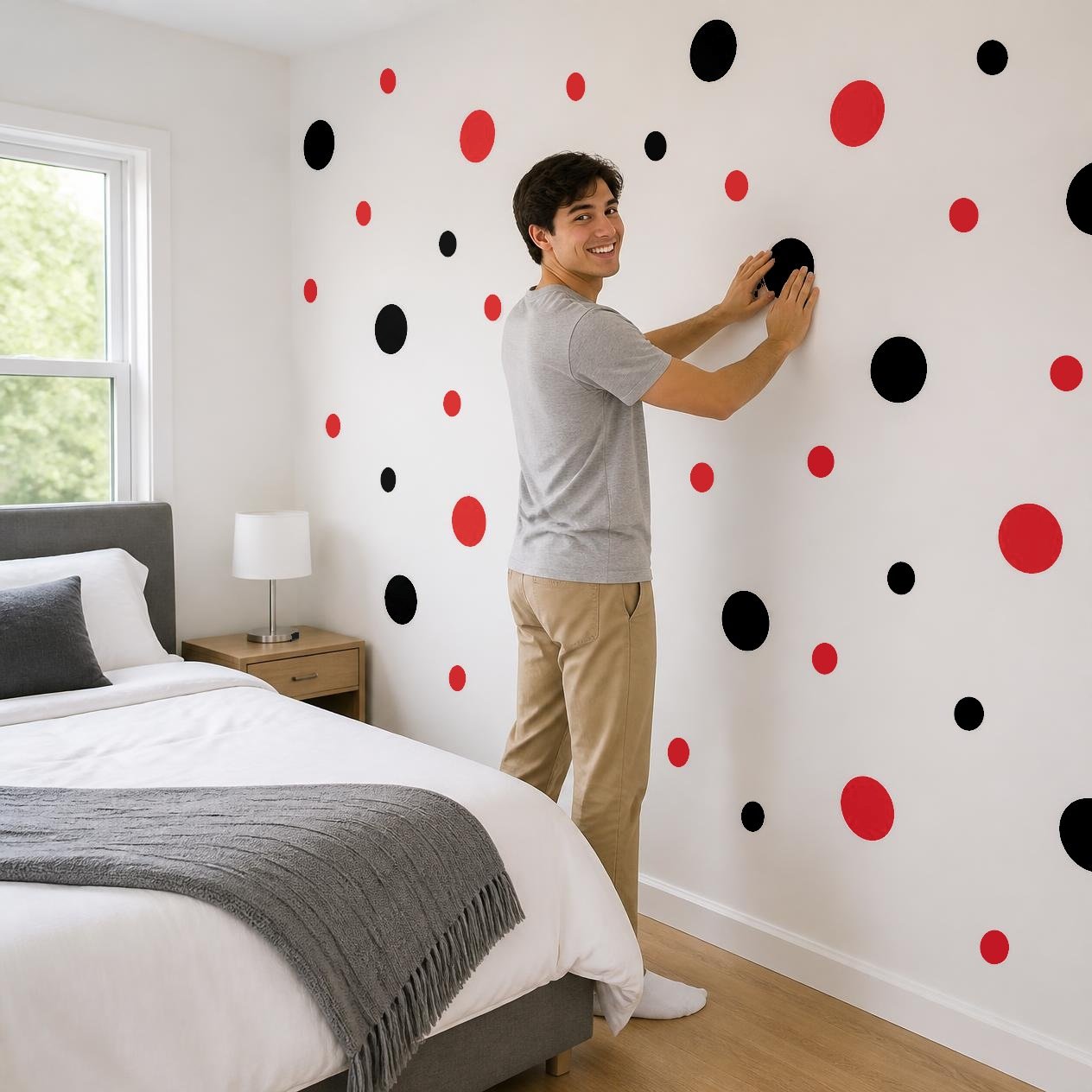 Black and Red Polka Dot Wall Decals, 2" and 4" Vinyl Circle Stickers, Removable Dot Decals for Nursery, Kids Room, Playroom product image (4)