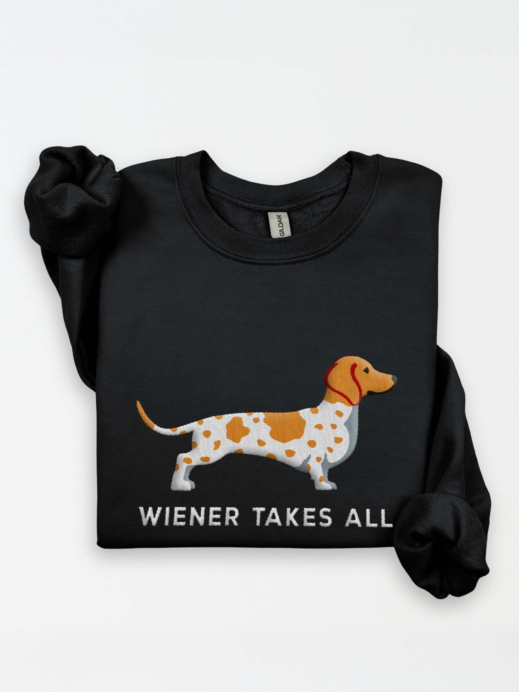 Wiener Takes All Sweatshirt (Embroidered) of a Dachshund(Piebald Brown) product image (2)