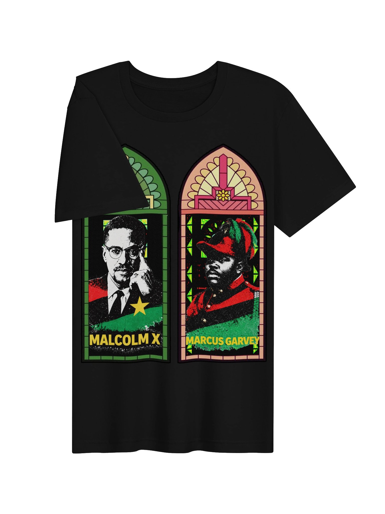 Malcolm X & Marcus Garvey Stained Glass Tee – Pan-African Cathedral Art | Black History Civil Rights T-Shirt product image (5)